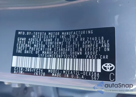 2022 Toyota Corolla Se Apex Edition z USA, uszkodzony, nr VIN 5YFS4MCE0NP102262